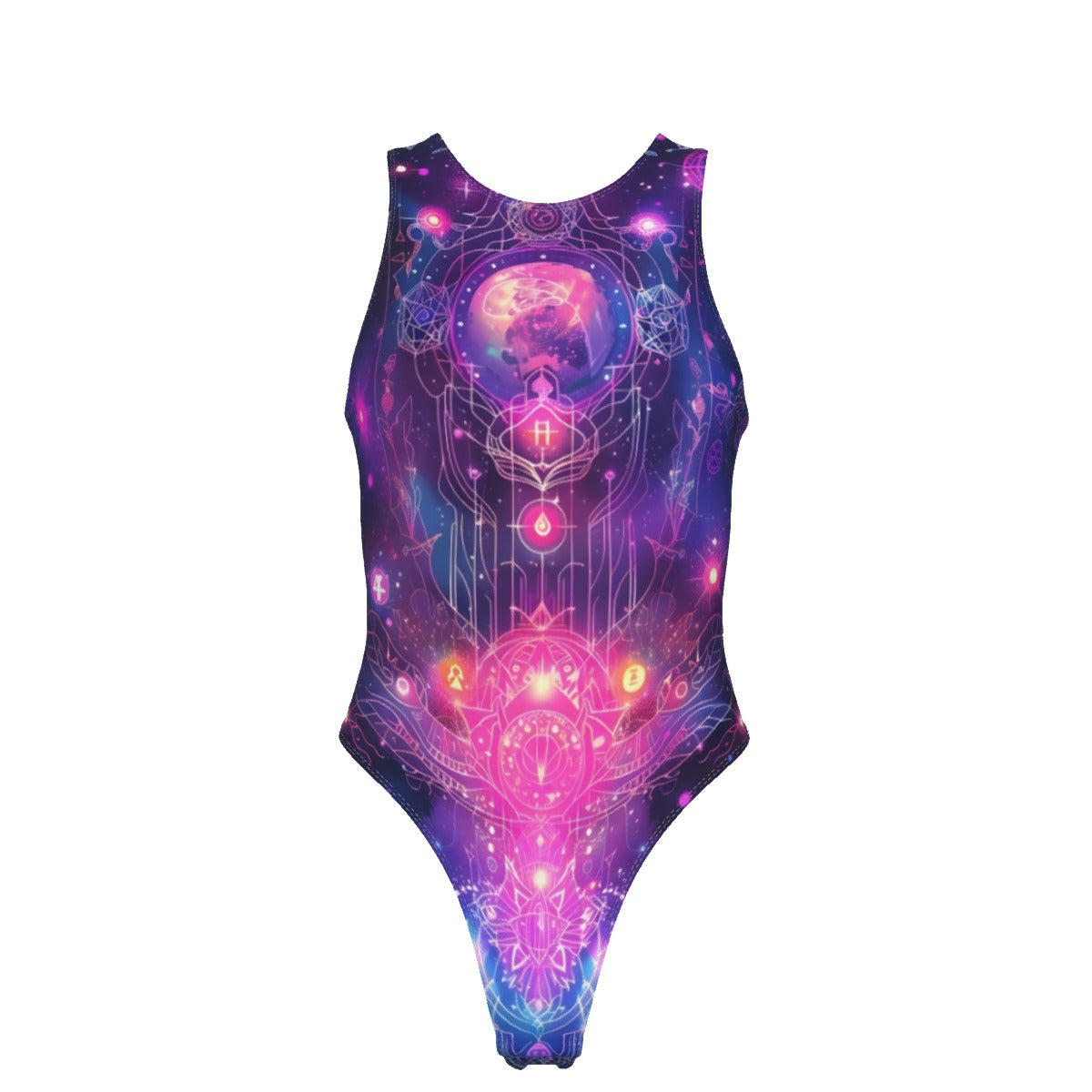 Cosmic Mysticism Tank Bodysuit, Celestial Portal Energy Bodysuit, Astral Light Symbol Bodysuit, Vibrant Metaphysical Galaxy Bodysuit, Spiritual Geometry Bodysuit
