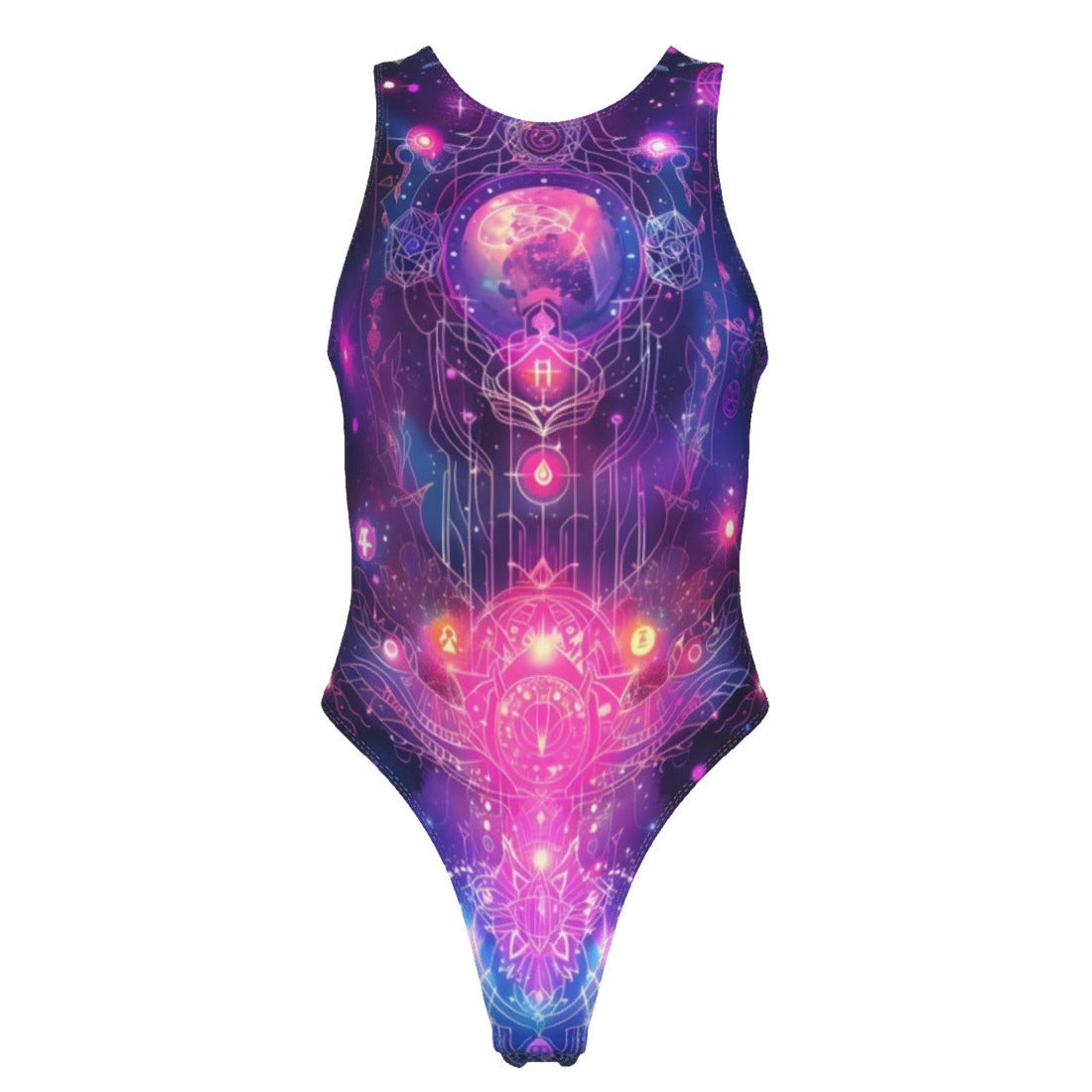 Cosmic Mysticism Tank Bodysuit, Celestial Portal Energy Bodysuit, Astral Light Symbol Bodysuit, Vibrant Metaphysical Galaxy Bodysuit, Spiritual Geometry Bodysuit