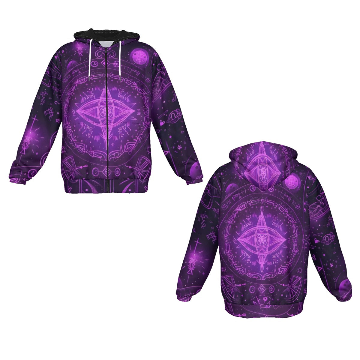 Mystical Fantasy Zip Hoodie, Arcane Magic Symbol Zip Hoodie, Witchcore Celestial Light Zip Hoodie, Vibrant Occult Energy Zip Hoodie, Esoteric Purple Spell Zip Hoodie
