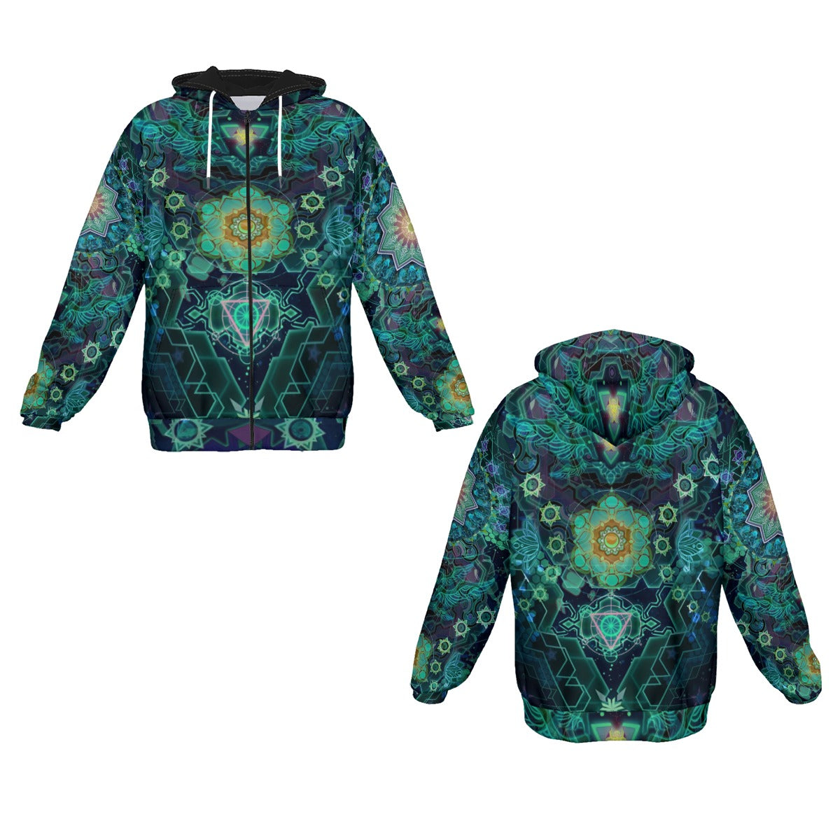 Yantric Geometry Zip Hoodie, Sacred Mandala Energy Zip Hoodie, Mystic Geometric Light Zip Hoodie, Vibrant Spiritual Pattern Zip Hoodie, Celestial Yantra Zip Hoodie