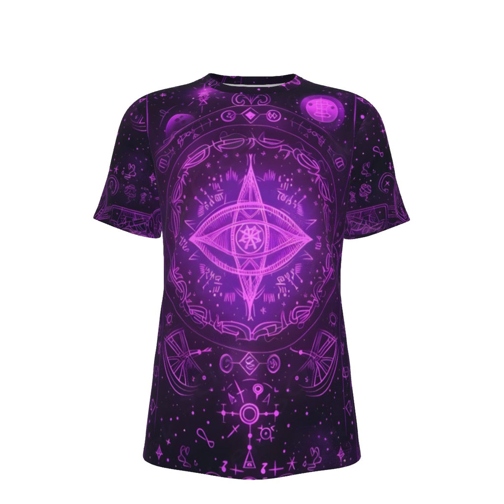 Mystical Fantasy T - Shirt, Arcane Magic Symbol T - Shirt, Witchcore Celestial Light T - Shirt, Vibrant Occult Energy T - Shirt, Esoteric Purple Spell T - Shirt