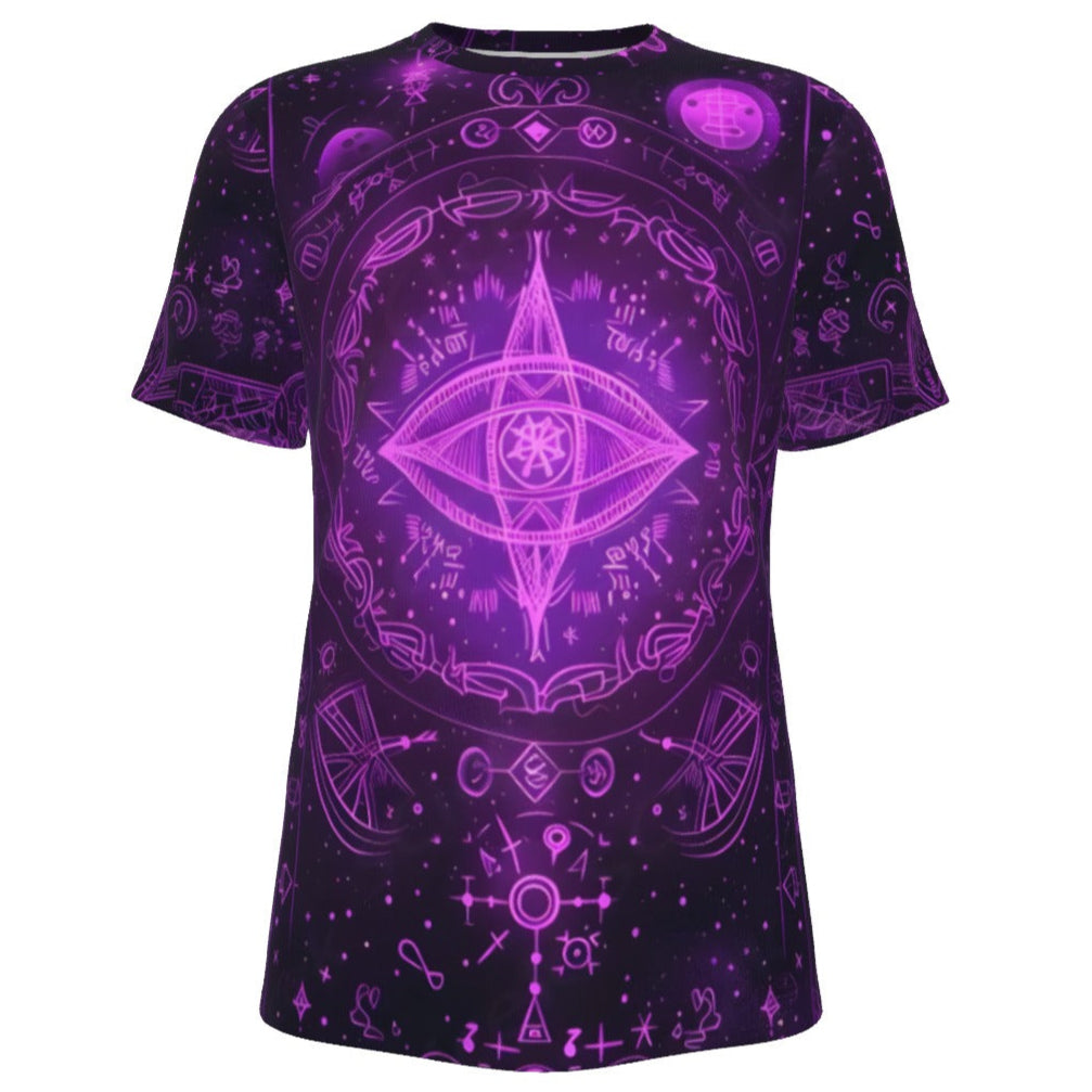 Mystical Fantasy T-Shirt, Arcane Magic Symbol T-Shirt, Witchcore Celestial Light T-Shirt, Vibrant Occult Energy T-Shirt, Esoteric Purple Spell T-Shirt