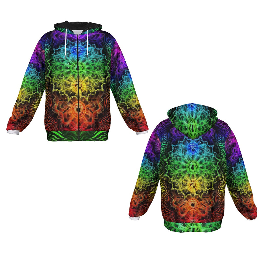 Sacred Chakra Mandala Zip Up Hoodie, Vibrant Rainbow Energy Healing Zip Up Hoodie, Spiritual Energy Symbol, Colorful Sacred Geometry Zip Up Hoodie, Mandala  Zip Up Hoodie