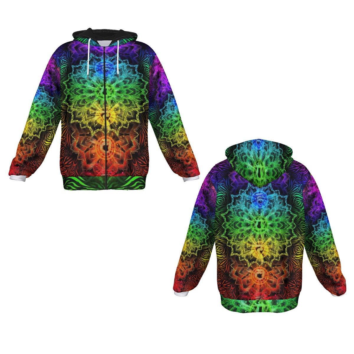 Sacred Chakra Mandala Zip Up Hoodie, Vibrant Rainbow Energy Healing Zip Up Hoodie, Spiritual Energy Symbol, Colorful Sacred Geometry Zip Up Hoodie, Mandala  Zip Up Hoodie