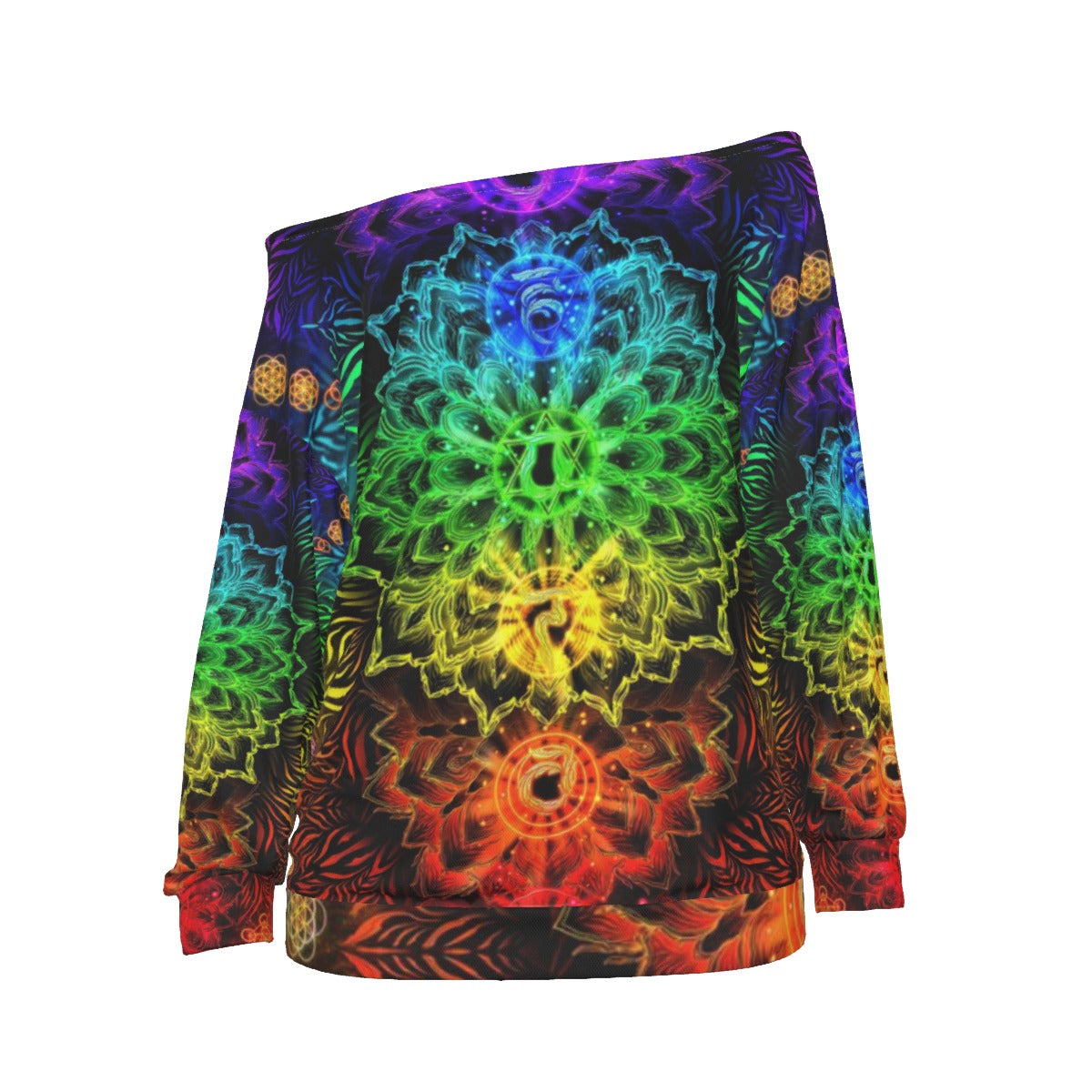 Sacred Chakra Mandala Off-Shoulder, Vibrant Rainbow Energy Healing Off-Shoulder, Spiritual Energy Symbol, Colorful Sacred Geometry Off-Shoulder, Mandala Off-Shoulder