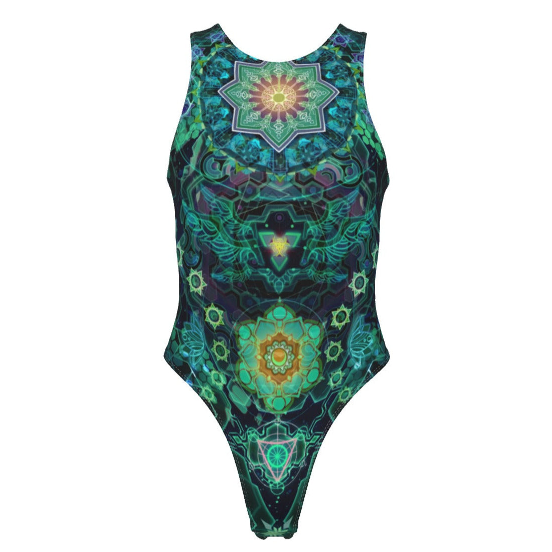 Yantric Geometry Tank Bodysuit, Sacred Mandala Energy Bodysuit, Mystic Geometric Light Bodysuit, Vibrant Spiritual Pattern Bodysuit, Celestial Yantra Bodysuit