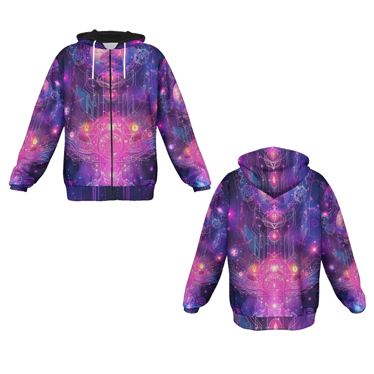 Cosmic Mysticism Zip Hoodie, Celestial Portal Energy Zip Hoodie, Astral Light Symbol Hoodie, Vibrant Metaphysical Galaxy Zip Hoodie, Spiritual Geometry Zip Hoodie