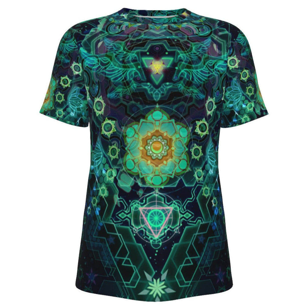 Yantric Geometry T-Shirt, Sacred Mandala Energy Coats, Mystic Geometric Light T-Shirt, Vibrant Spiritual Pattern T-Shirt, Celestial Yantra T-Shirt