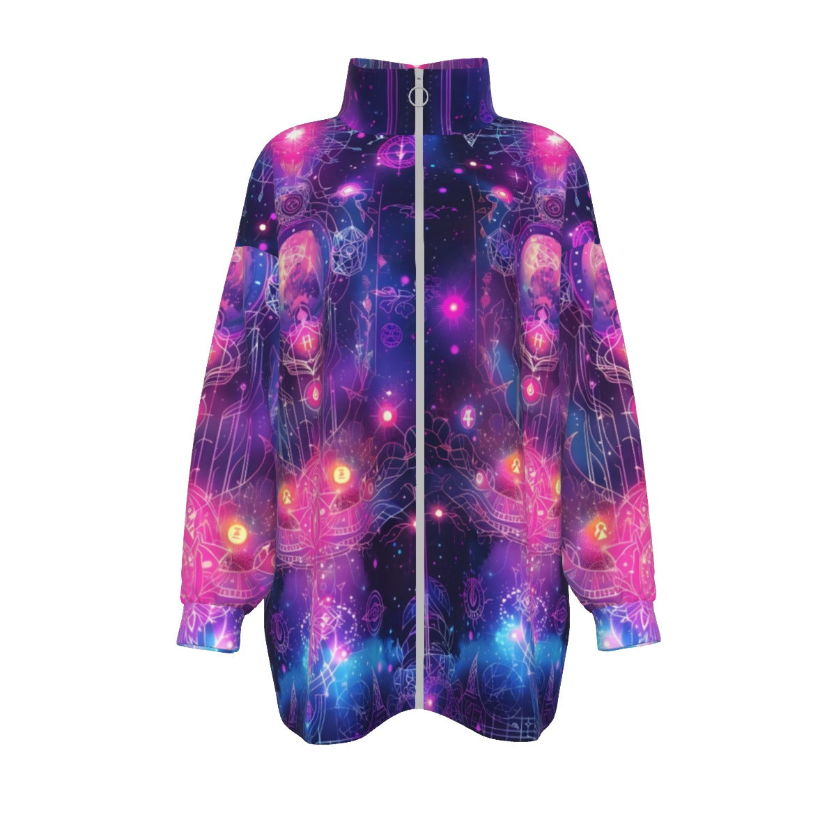 Cosmic Mysticism Coats Women, Celestial Portal Energy Coats , Astral Light Symbol Coats , Vibrant Metaphysical Galaxy Coats , Spiritual Geometry Coats
