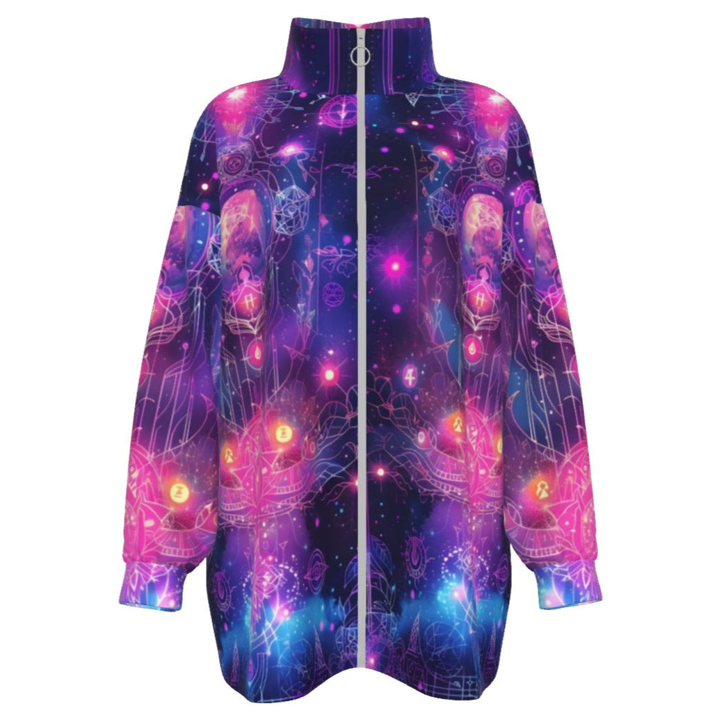 Cosmic Mysticism Coats Women, Celestial Portal Energy Coats , Astral Light Symbol Coats , Vibrant Metaphysical Galaxy Coats , Spiritual Geometry Coats