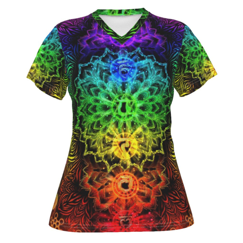 Sacred Chakra Mandala V-neck Women's T-shirt, Vibrant Rainbow Energy Healing V-neck T-shirt, Spiritual Energy Symbol, Colorful Sacred Geometry V-neck , Mandala  V-neck T-shirt