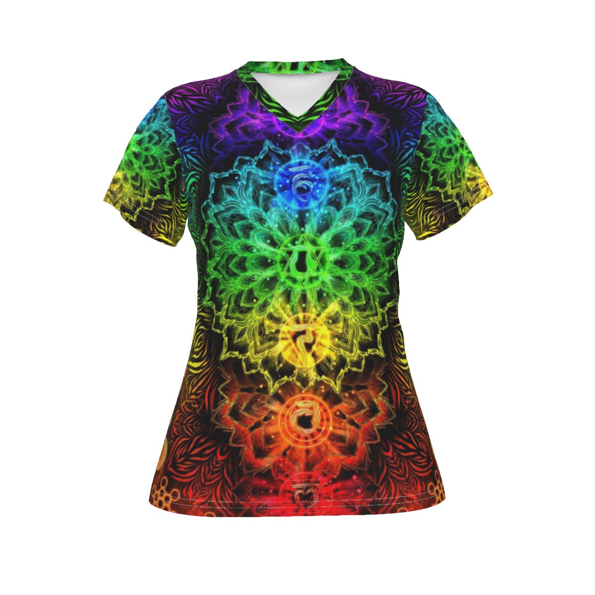 Sacred Chakra Mandala V-neck Women's T-shirt, Vibrant Rainbow Energy Healing V-neck T-shirt, Spiritual Energy Symbol, Colorful Sacred Geometry V-neck , Mandala  V-neck T-shirt