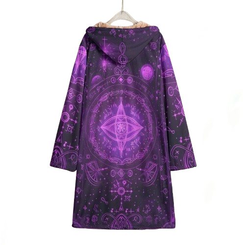 Mystical Fantasy Cloak, Arcane Magic Symbol Cloak, Witchcore Celestial Light Cloak, Vibrant Occult Energy Cloak, Esoteric Purple Spell Cloak