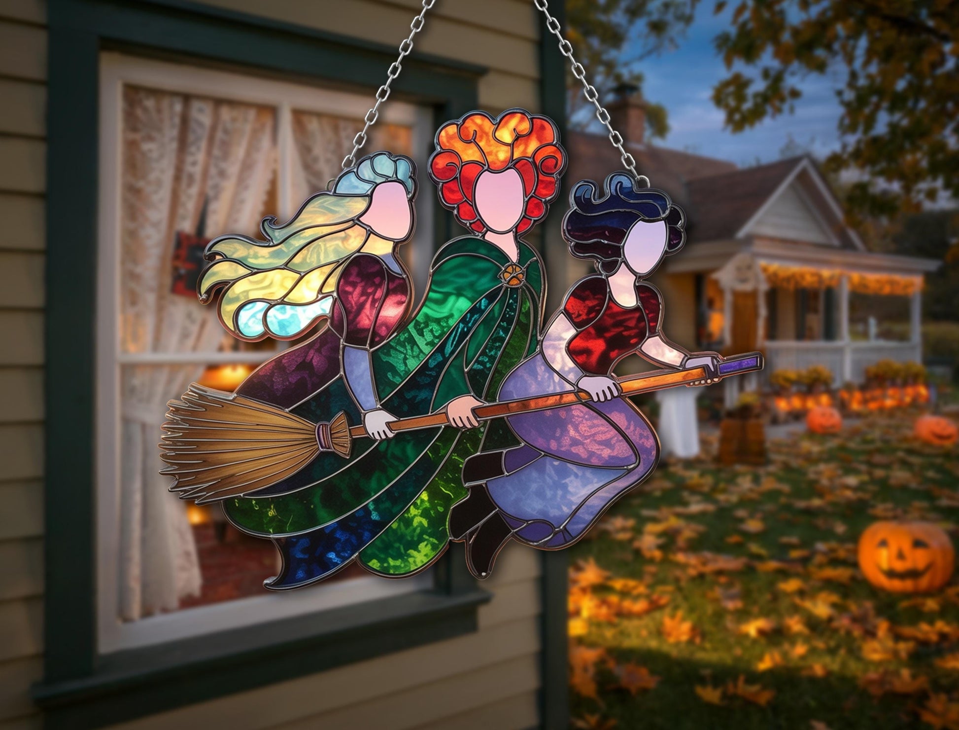 Personalized Stained Glass Flying Witch Trio, Halloween Witch Suncatcher, Magical Broomstick Window Hanging Decor