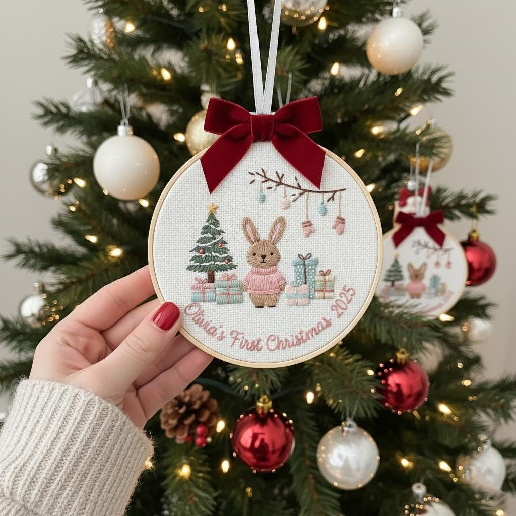 Babys First Christmas Ornament, Personalized Embroidered Ornament, Christmas Keepsake, New Baby Gift, Baby Girls First Christmas Ornament