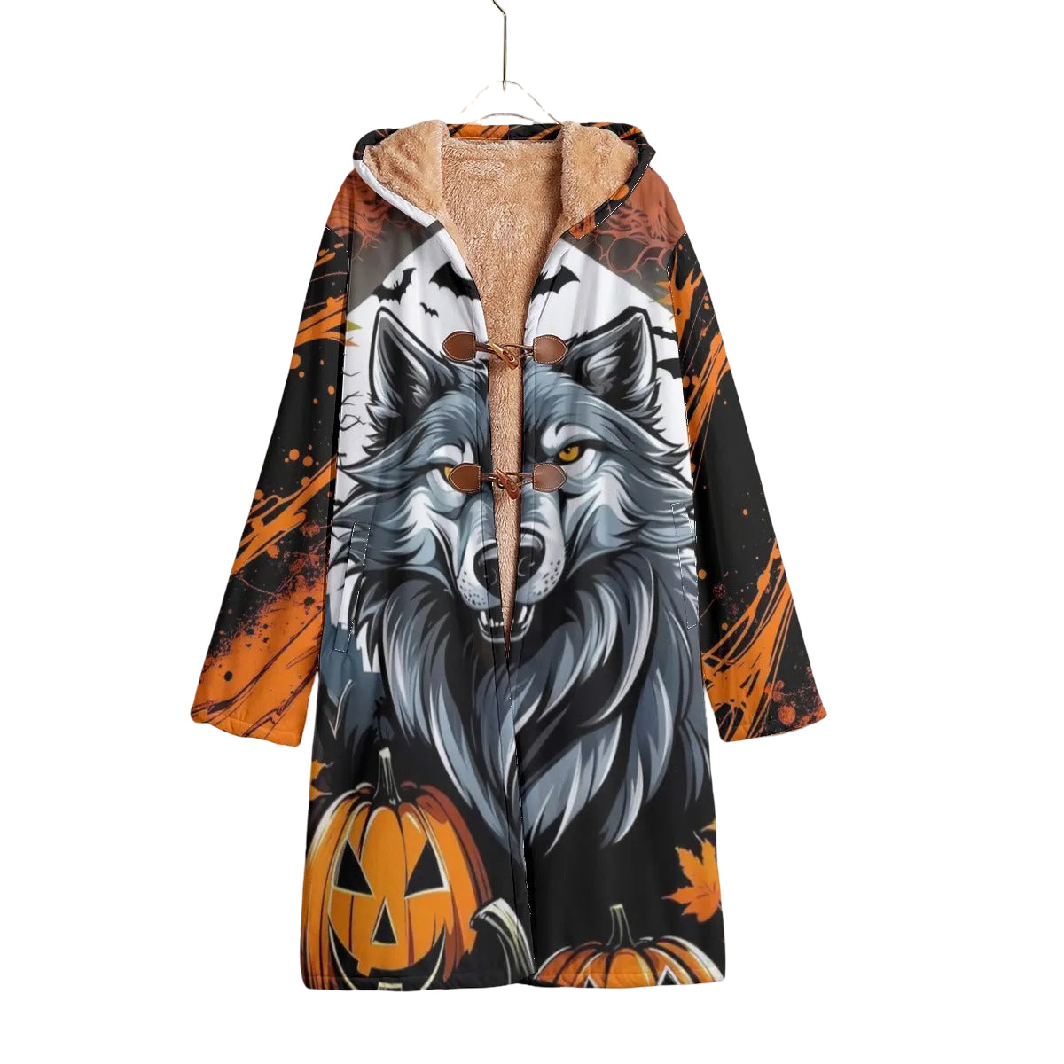 Howling Halloween Night Wolf Cloak, Spooky Pumpkin Bat Hooded Cape, Gothic Halloween Costume, Autumn Wolf Festival Wear