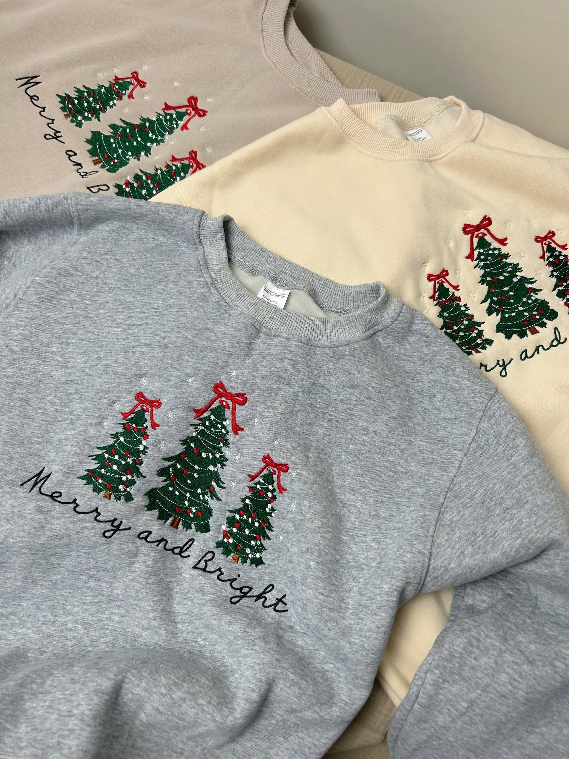 Merry and Bright Embroidered Sweatshirts, Holiday Sweater, Christmas Tree Sweater, Pine-tree Sweatshirt, Gingerbread, Piny SweatshirtEBAC49