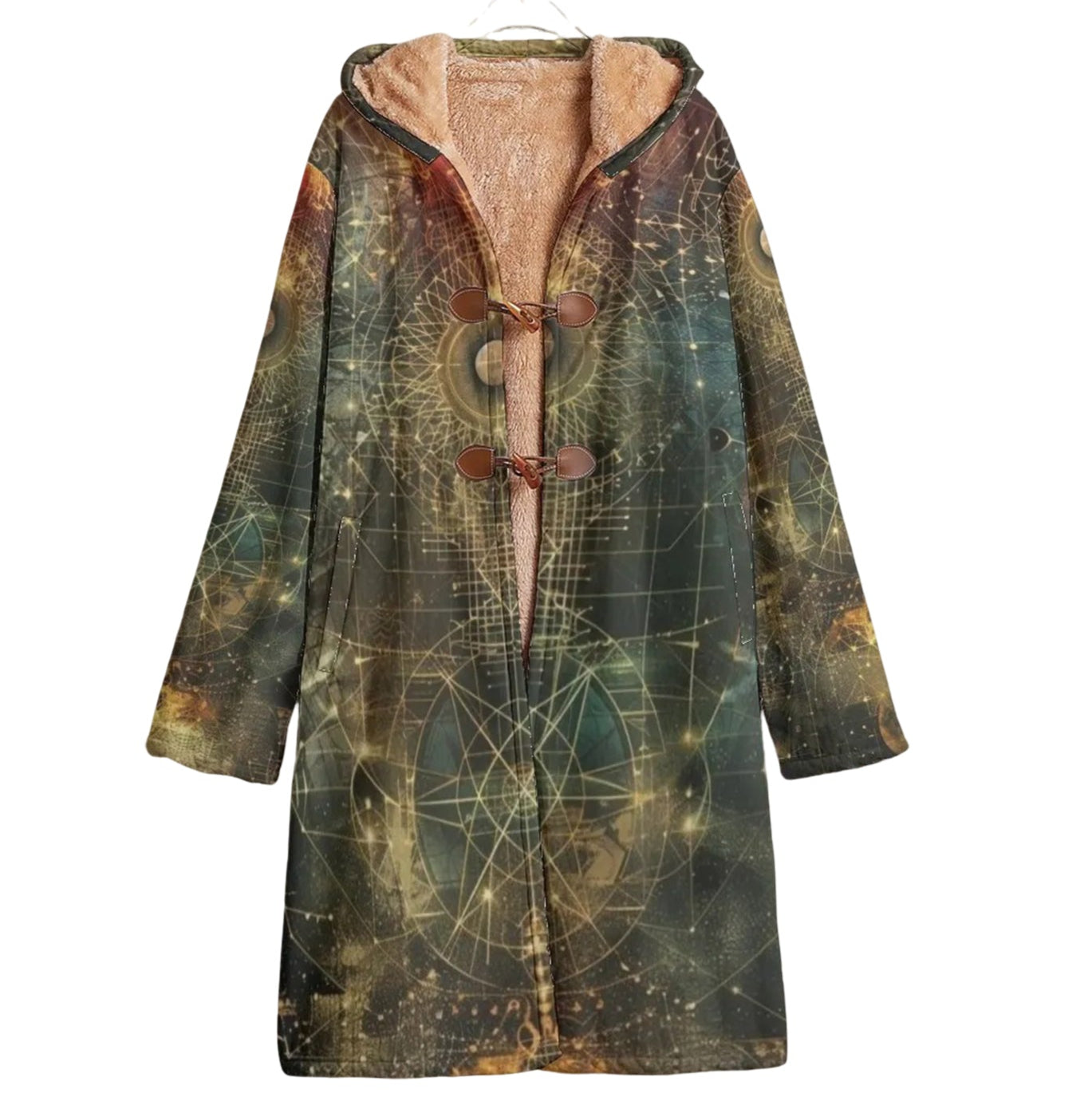 Celestial Alchemy Cloak, Sacred Geometry Hooded Cape, Mystic Festival Witch Robe,  Moon and Star Cloak, Trippy Spiritual Outerwear