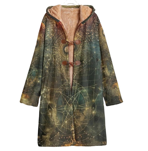 Celestial Alchemy Cloak, Sacred Geometry Hooded Cape, Mystic Festival Witch Robe,  Moon and Star Cloak, Trippy Spiritual Outerwear
