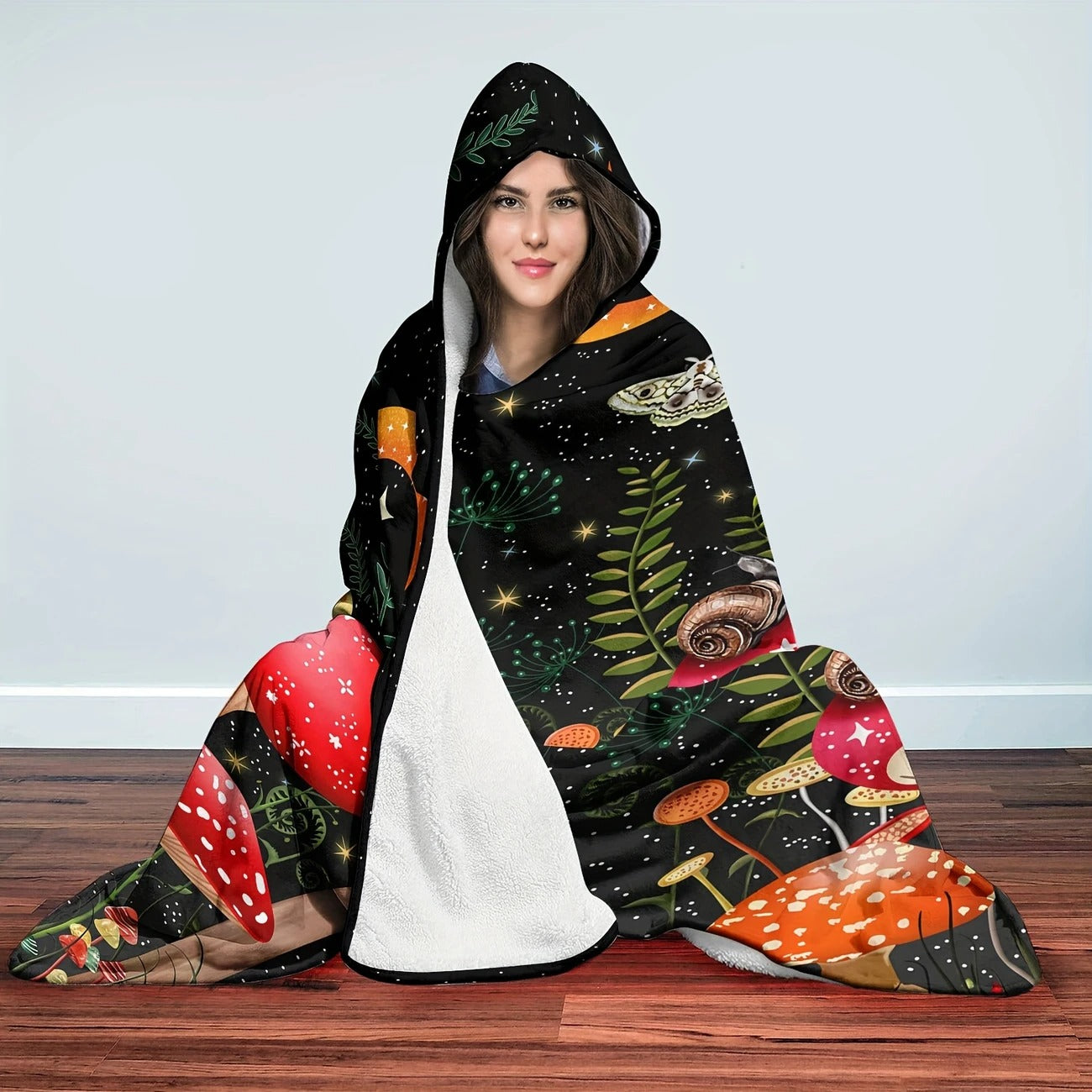 Mushroom Hooded Blanket, Magical Forest Fungi Design, Cozy Soft Warm Throw, Perfect Gift for Nature Lovers and Outdoor Use. BLKAC54