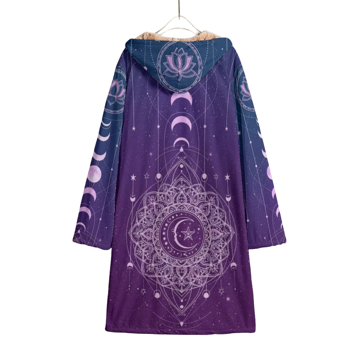 Mystic Lunar Mandala Cloak, Moon Phase Spiritual Cape, Celestial Lotus Hooded Cloak, Sacred Geometry Cosmic Outerwear, Boho Mystic Style