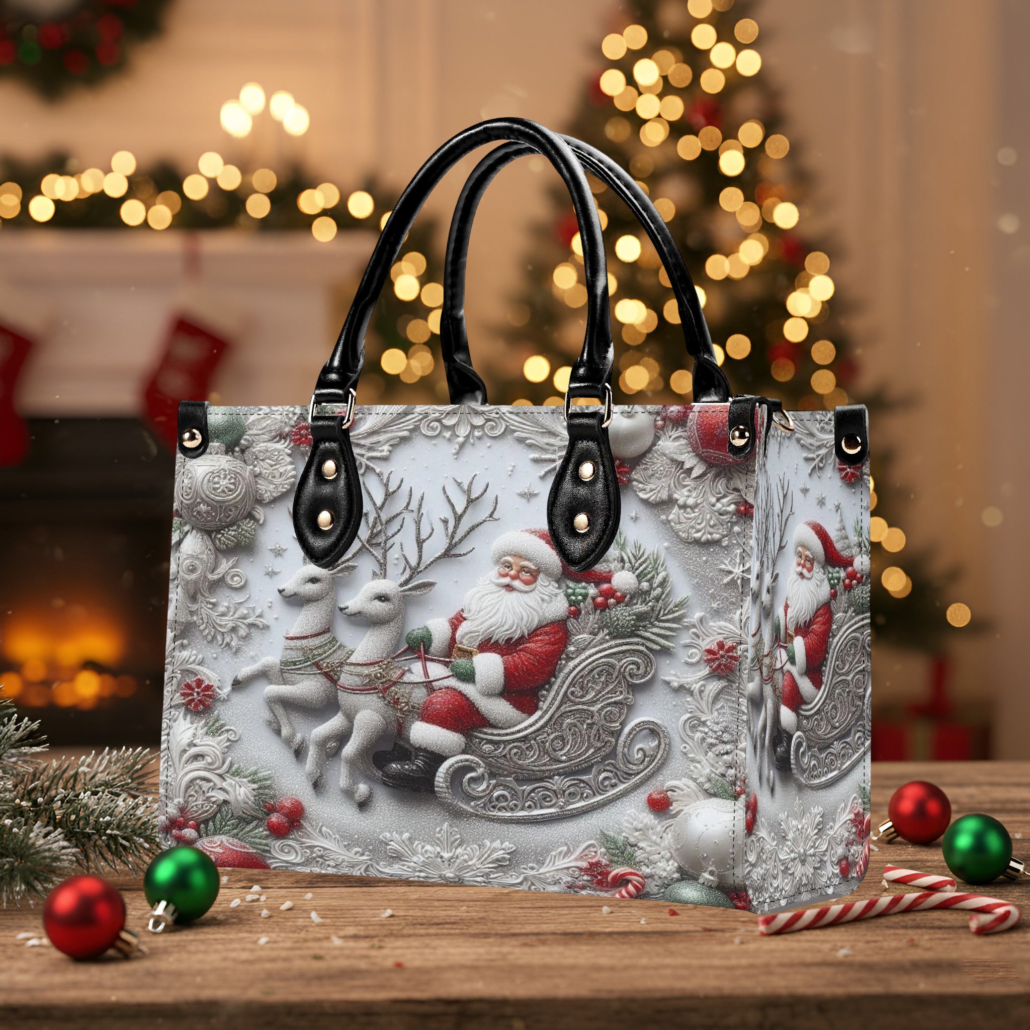 Santa Sleigh Ride Christmas Handbag, Vintage Holiday Purse, Reindeer & Snowflake Print Tote Bag, Christmas Gift for Her