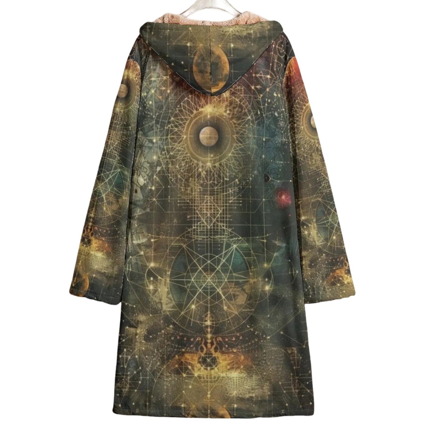 Celestial Alchemy Cloak, Sacred Geometry Hooded Cape, Mystic Festival Witch Robe,  Moon and Star Cloak, Trippy Spiritual Outerwear