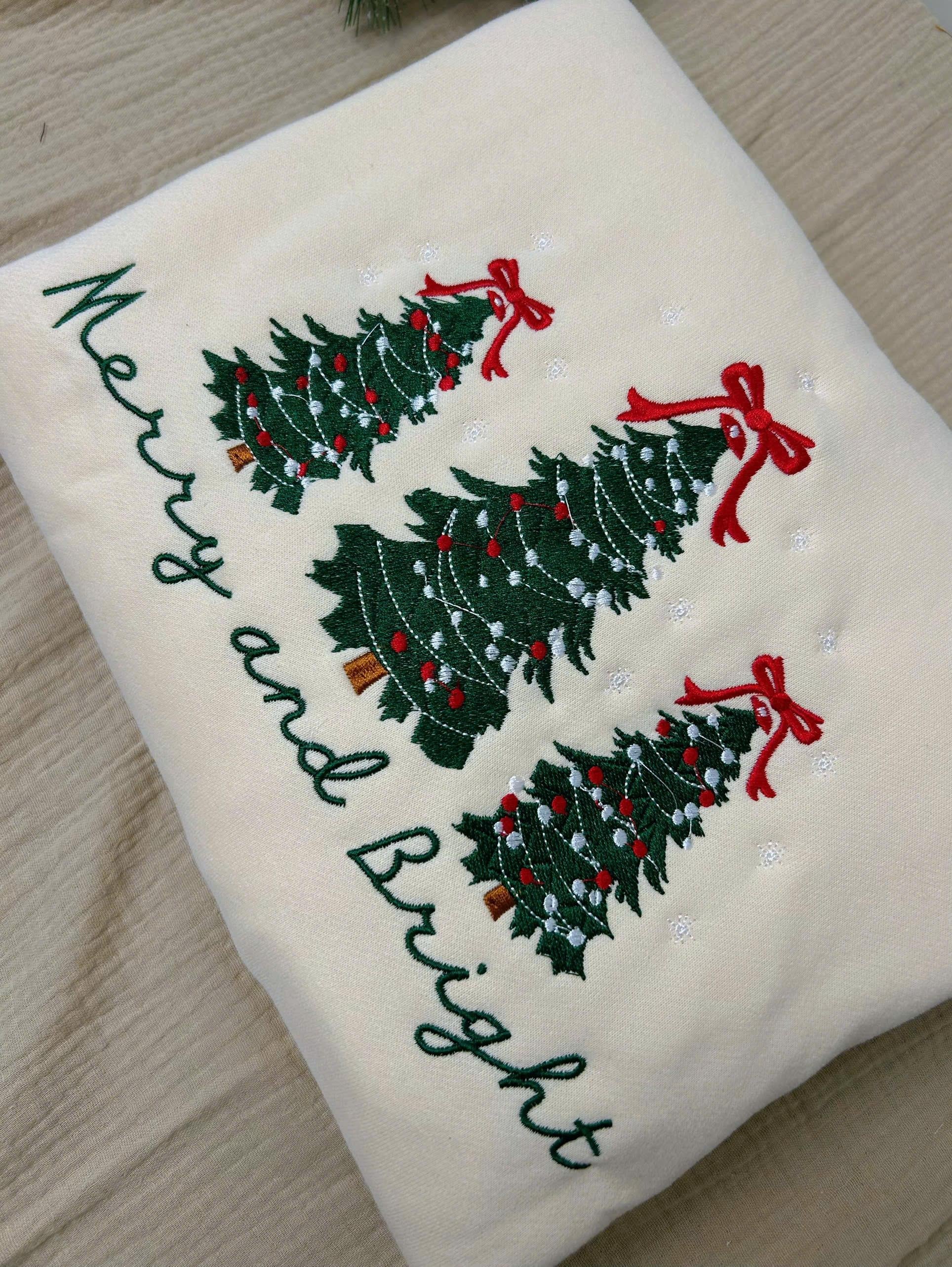 Merry and Bright Embroidered Sweatshirts, Holiday Sweater, Christmas Tree Sweater, Pine-tree Sweatshirt, Gingerbread, Piny SweatshirtEBAC49