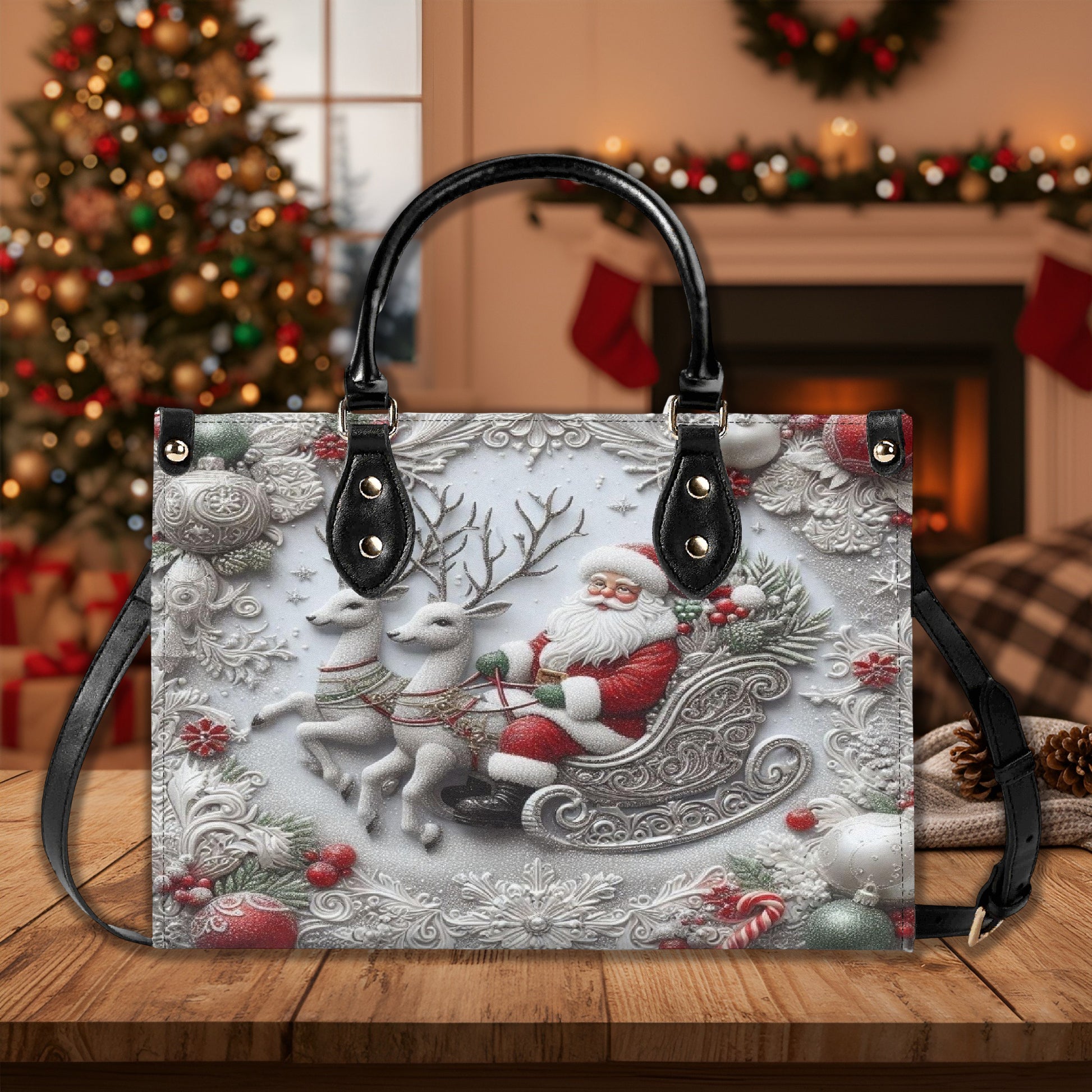 Santa Sleigh Ride Christmas Handbag, Vintage Holiday Purse, Reindeer & Snowflake Print Tote Bag, Christmas Gift for Her
