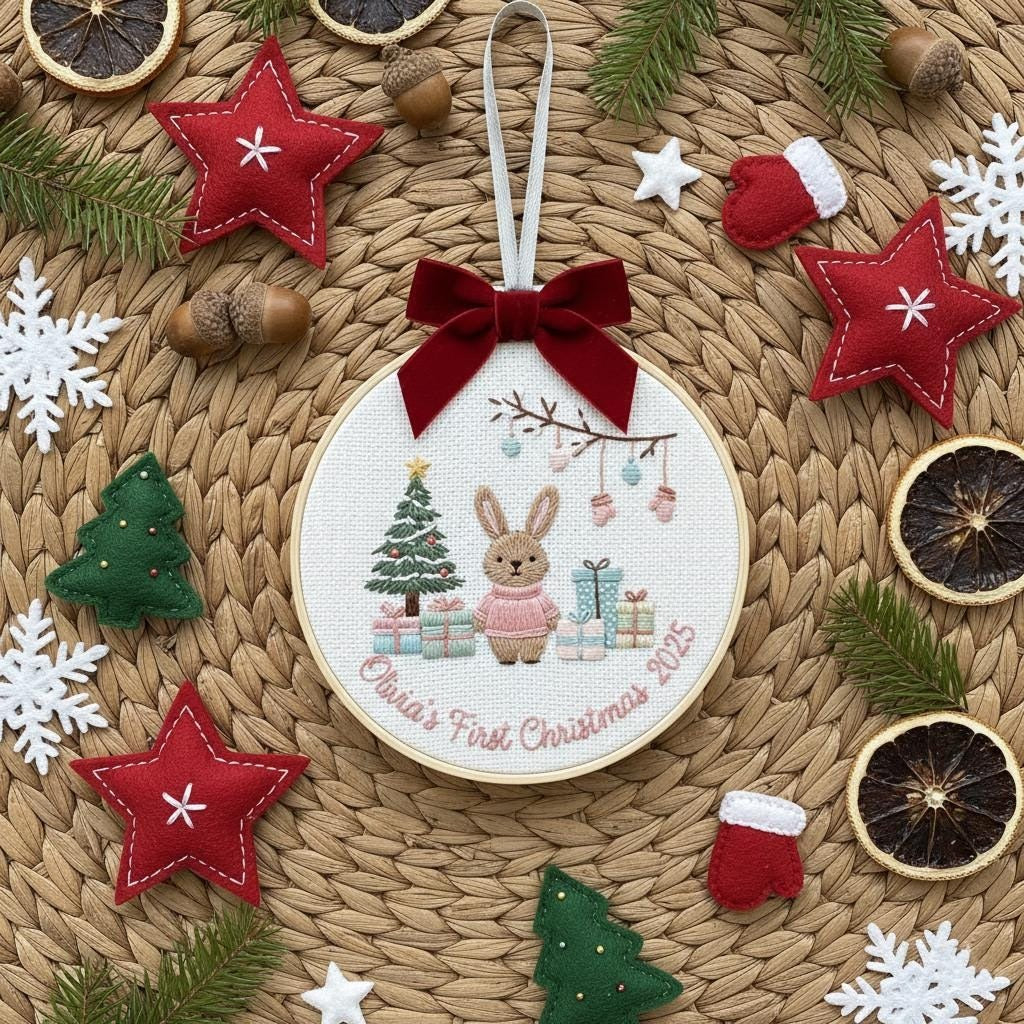 Babys First Christmas Ornament, Personalized Embroidered Ornament, Christmas Keepsake, New Baby Gift, Baby Girls First Christmas Ornament