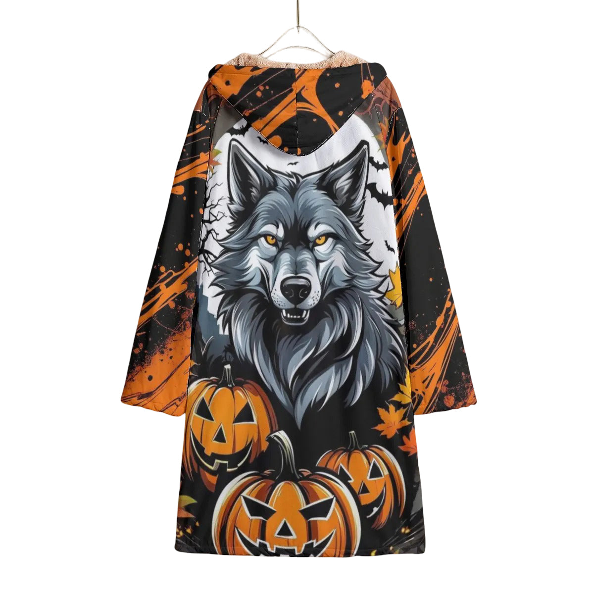 Howling Halloween Night Wolf Cloak, Spooky Pumpkin Bat Hooded Cape, Gothic Halloween Costume, Autumn Wolf Festival Wear