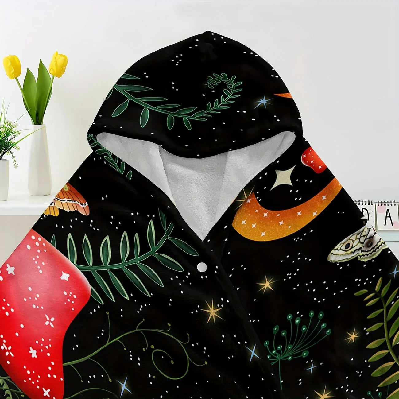 Mushroom Hooded Blanket, Magical Forest Fungi Design, Cozy Soft Warm Throw, Perfect Gift for Nature Lovers and Outdoor Use. BLKAC54