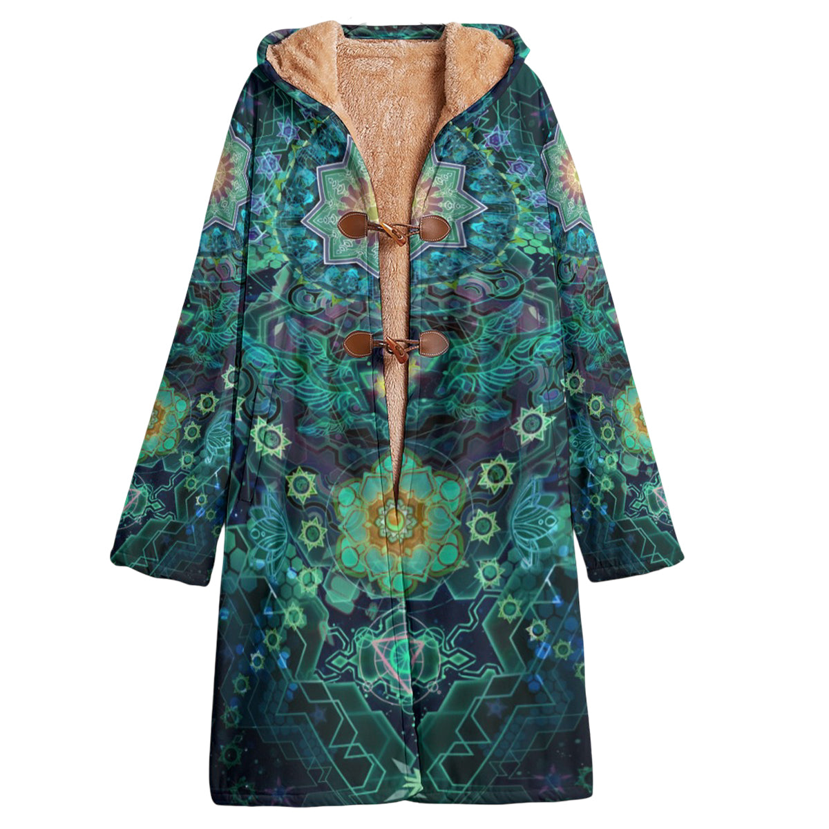 Yantric Geometry Cloak, Sacred Mandala Energy Coats, Mystic Geometric Light Cloak, Vibrant Spiritual Pattern Cloak, Celestial Yantra Cloak