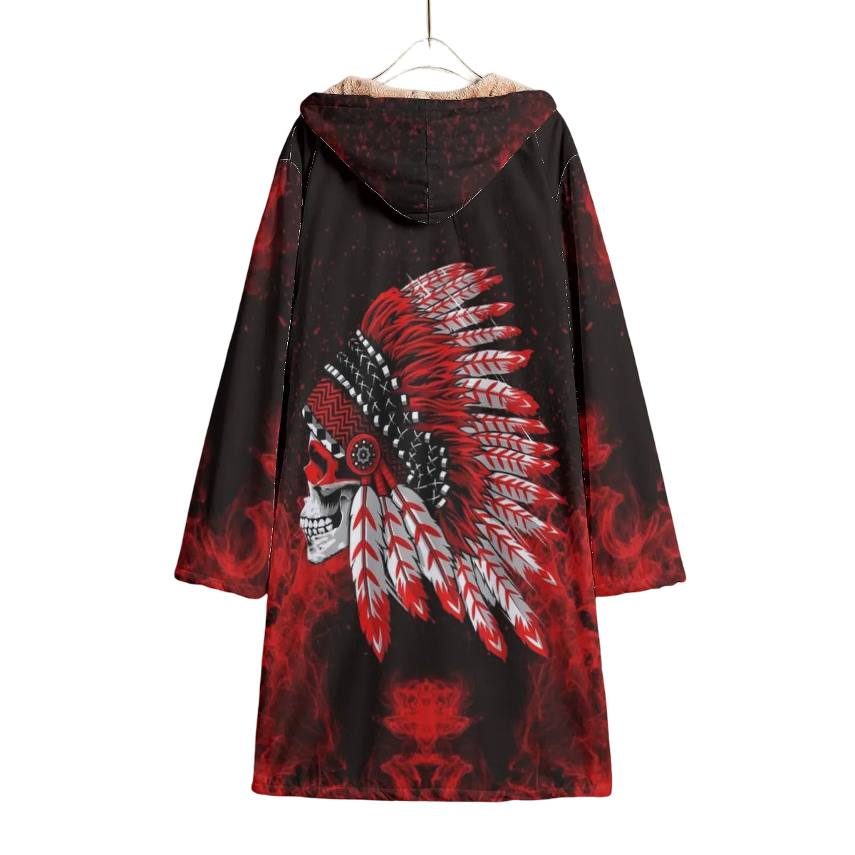 Native American Skull Cloak, Red Feather Headdress Cape, Tribal Gothic Hooded Cloak, Red Smoke Graphic Wear, Warrior Biker Style