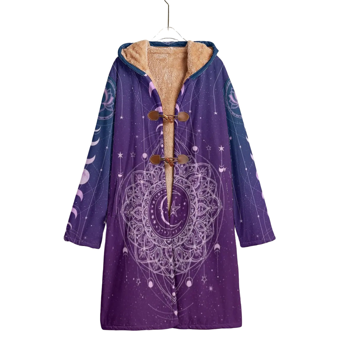 Mystic Lunar Mandala Cloak, Moon Phase Spiritual Cape, Celestial Lotus Hooded Cloak, Sacred Geometry Cosmic Outerwear, Boho Mystic Style