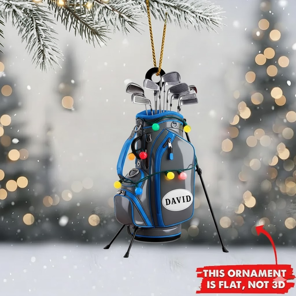 Custom Golf Bag Christmas Ornament with Lights, Personalized Golfer Gift, Flat Holiday Tree Decor for Golf Lovers