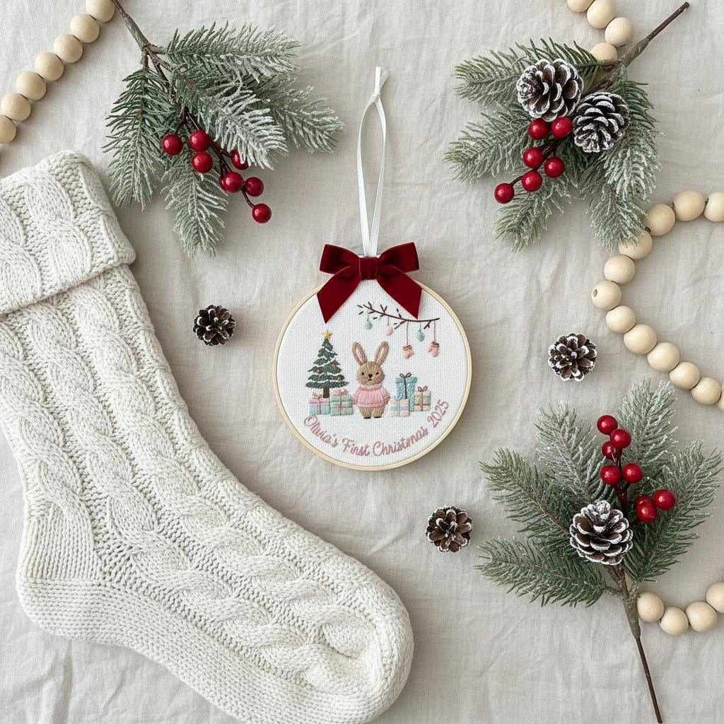 Babys First Christmas Ornament, Personalized Embroidered Ornament, Christmas Keepsake, New Baby Gift, Baby Girls First Christmas Ornament