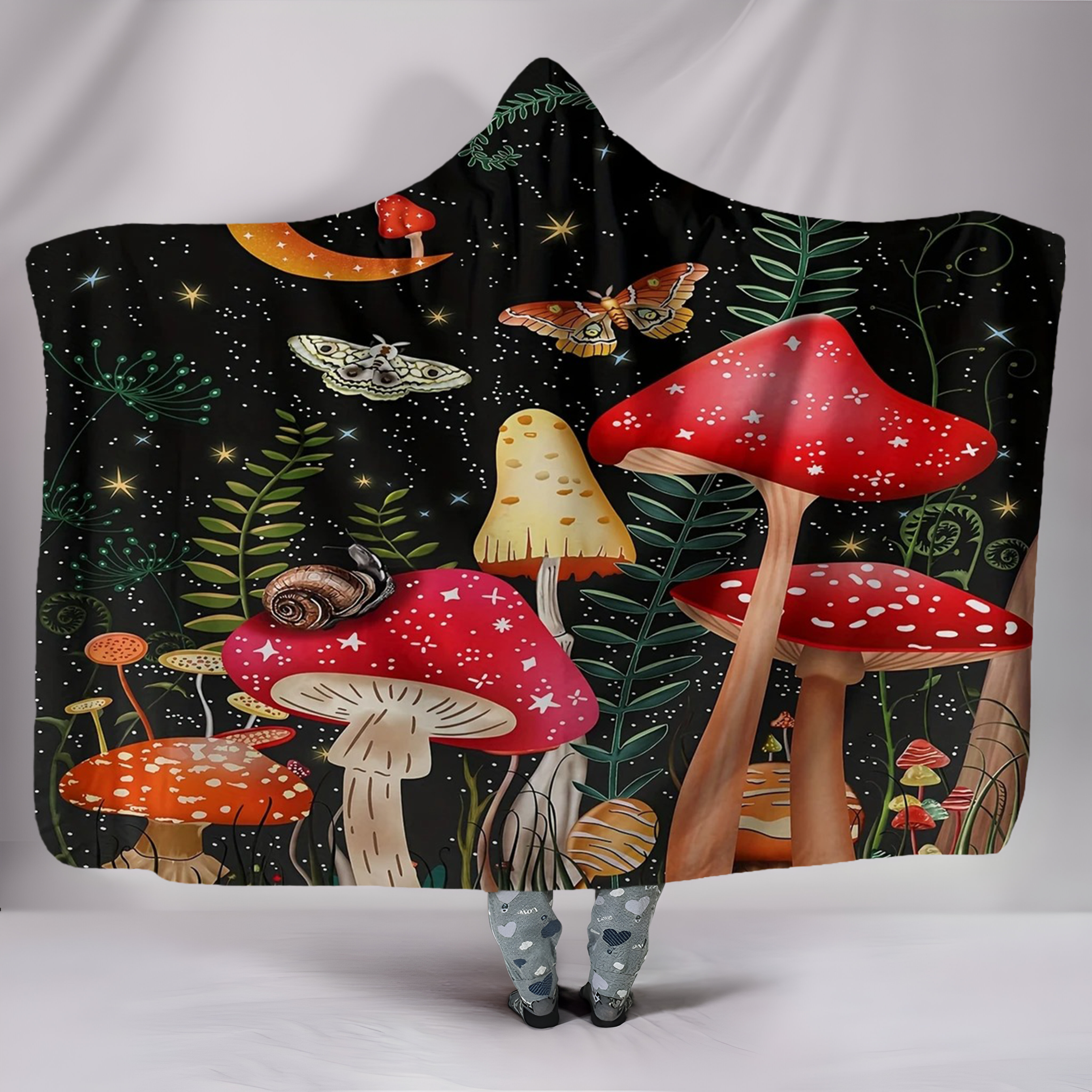 Mushroom Hooded Blanket, Magical Forest Fungi Design, Cozy Soft Warm Throw, Perfect Gift for Nature Lovers and Outdoor Use. BLKAC54