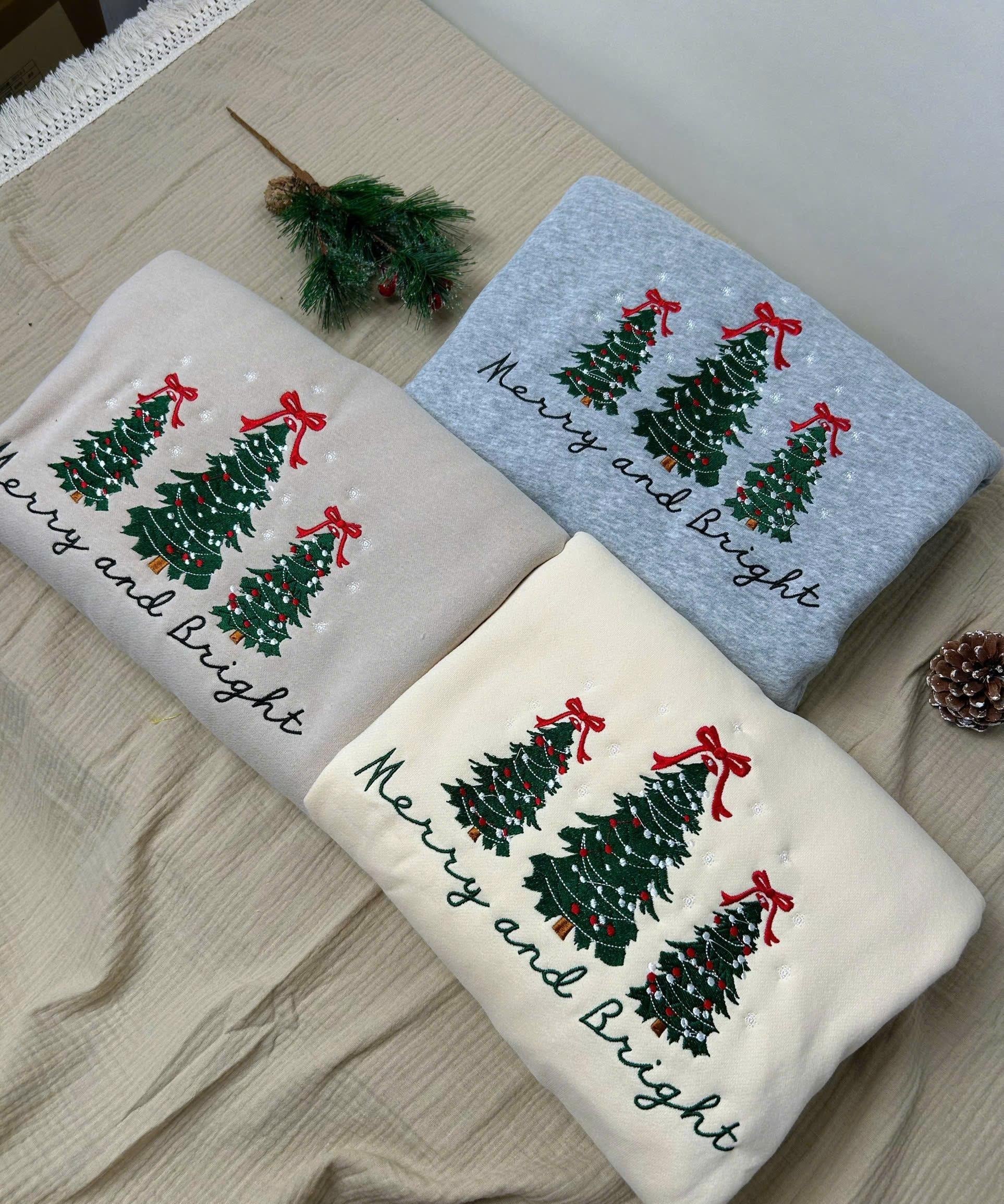 Merry and Bright Embroidered Sweatshirts, Holiday Sweater, Christmas Tree Sweater, Pine-tree Sweatshirt, Gingerbread, Piny SweatshirtEBAC49