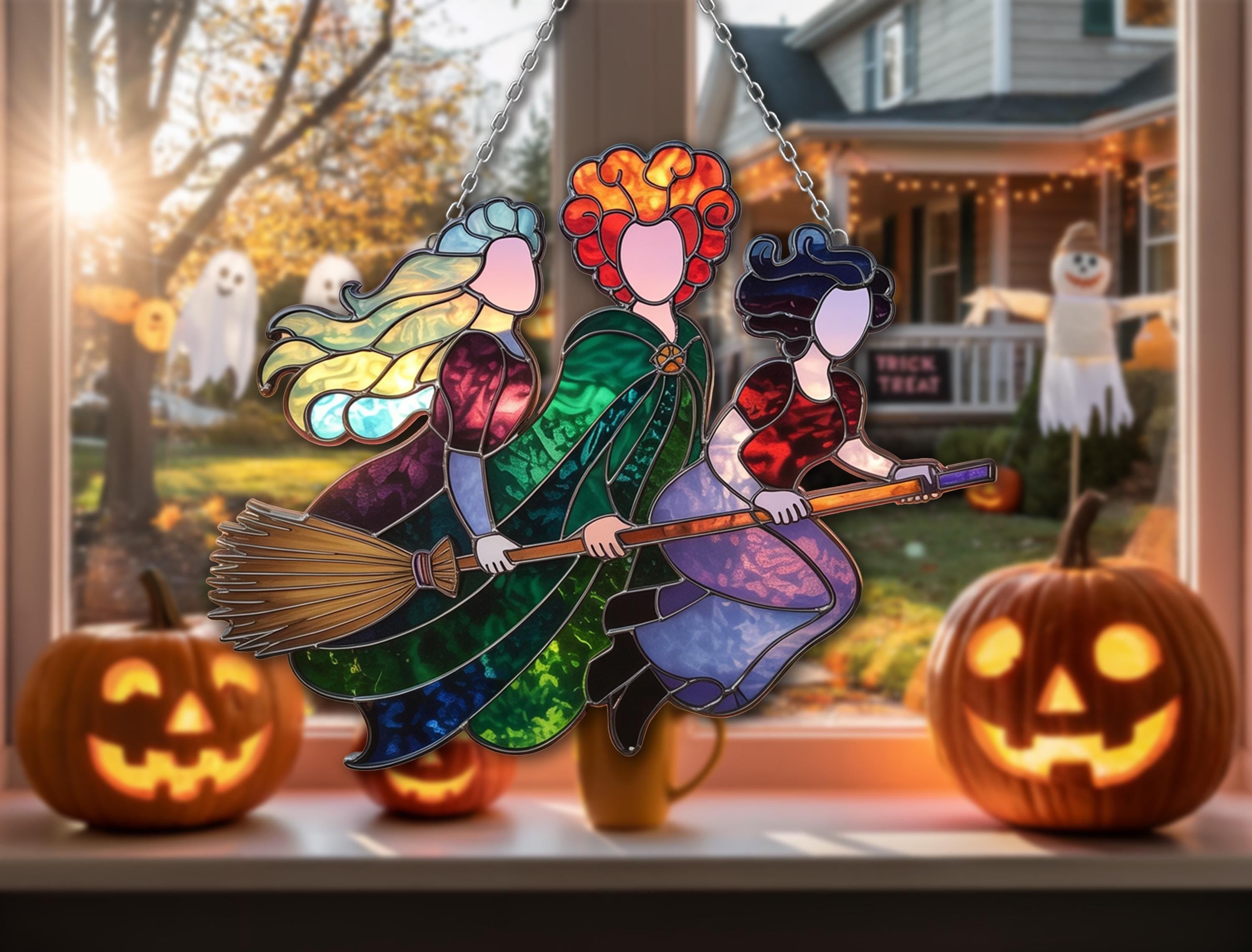 Personalized Stained Glass Flying Witch Trio, Halloween Witch Suncatcher, Magical Broomstick Window Hanging Decor