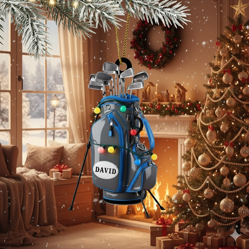 Custom Golf Bag Christmas Ornament with Lights, Personalized Golfer Gift, Flat Holiday Tree Decor for Golf Lovers