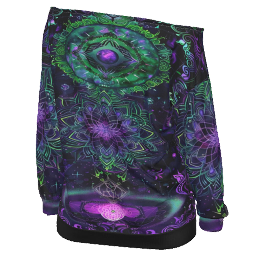 Mystic Aesthetic Off-Shoulder Shirt, Mystic Mandala Shirt, Cosmic Tarot Off-Shoulder Shirt, Sacred Geometry Shirt, Trippy Psychedelic Shirt, Spiritual Festival Wear