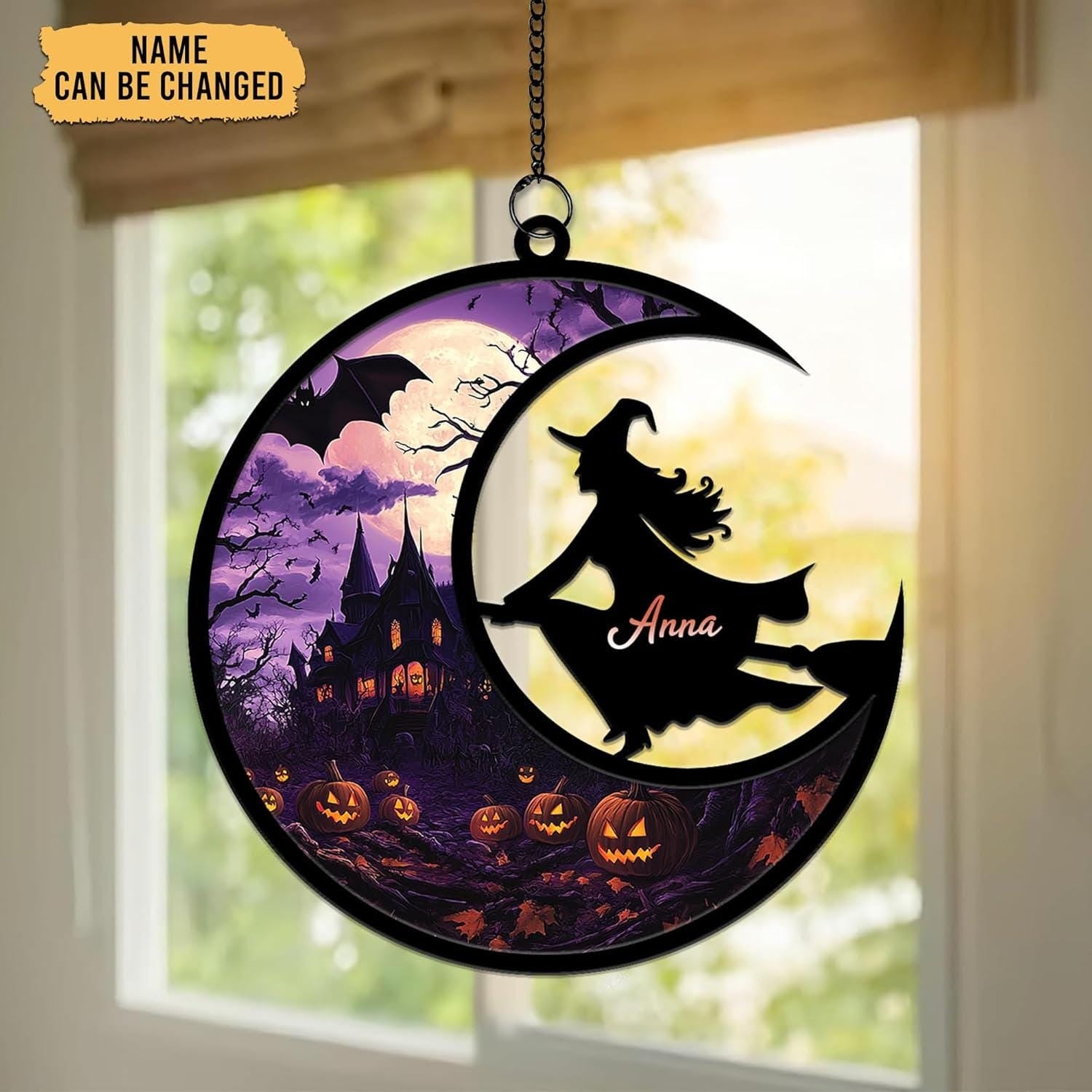 Personalized Halloween Witch Suncatcher, Custom Name Flying Witch Window Ornament with Haunted House & Pumpkins, Spooky Fall Decor