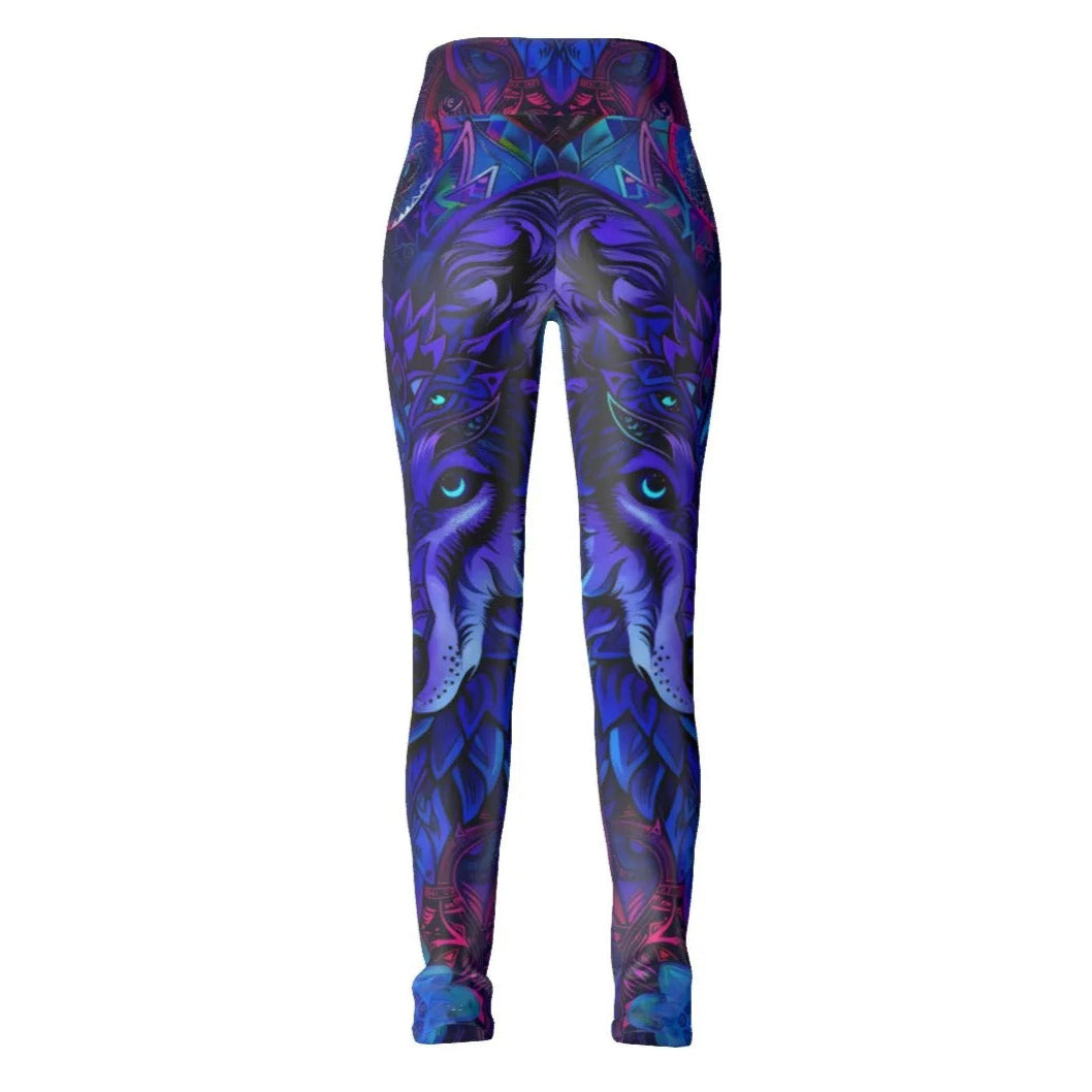 Wolf Mandala High Waist Leggings for Women, Tribal Spirit Animal Yoga Pants with Blue Violet Geometric Wolf Design