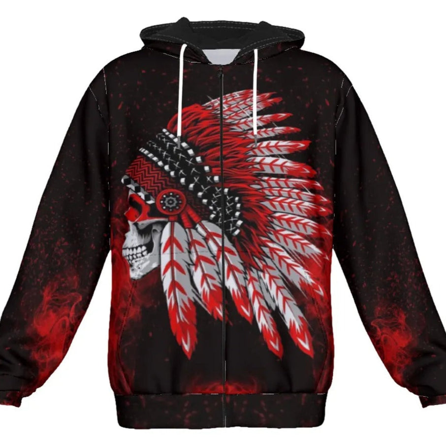 Native American Skull Zip Hoodie, Red Feather Headdress Jacket, Tribal Gothic Hooded Sweatshirt, Red Smoke Graphic Zip-Up, Warrior Biker Style
