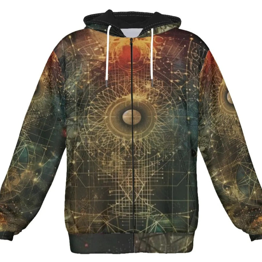 Celestial Alchemy Zip Hoodie – Sacred Geometry Jacket with Cosmic Energy Design for Starseeds & Spiritual Souls