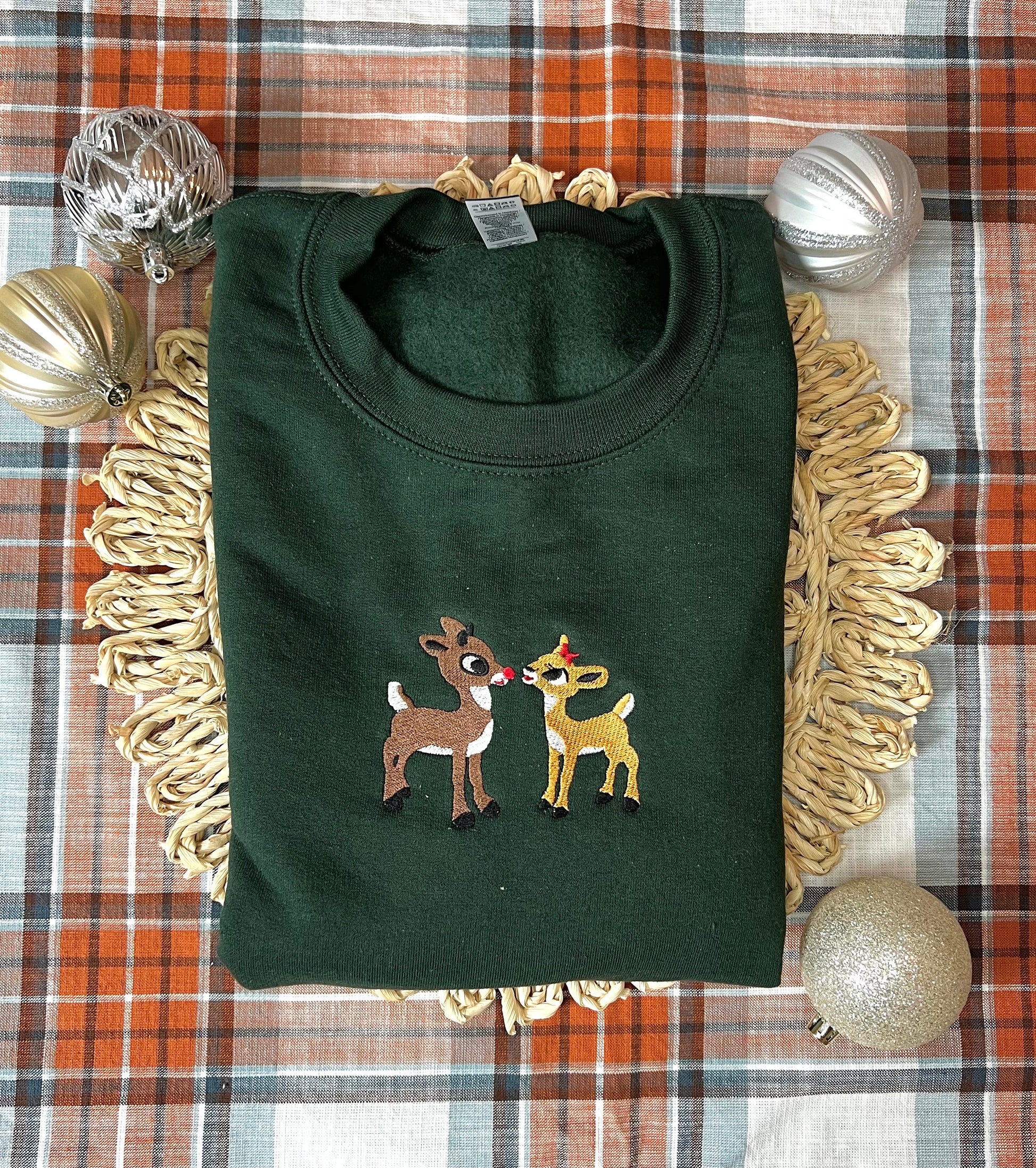 Christmas Embroidered Sweatshirt, Retro Reindeer Design, Rudolph The Red Nose Reindeer and Clarice, Fall Embroidered Sweatshirt. EBAC58