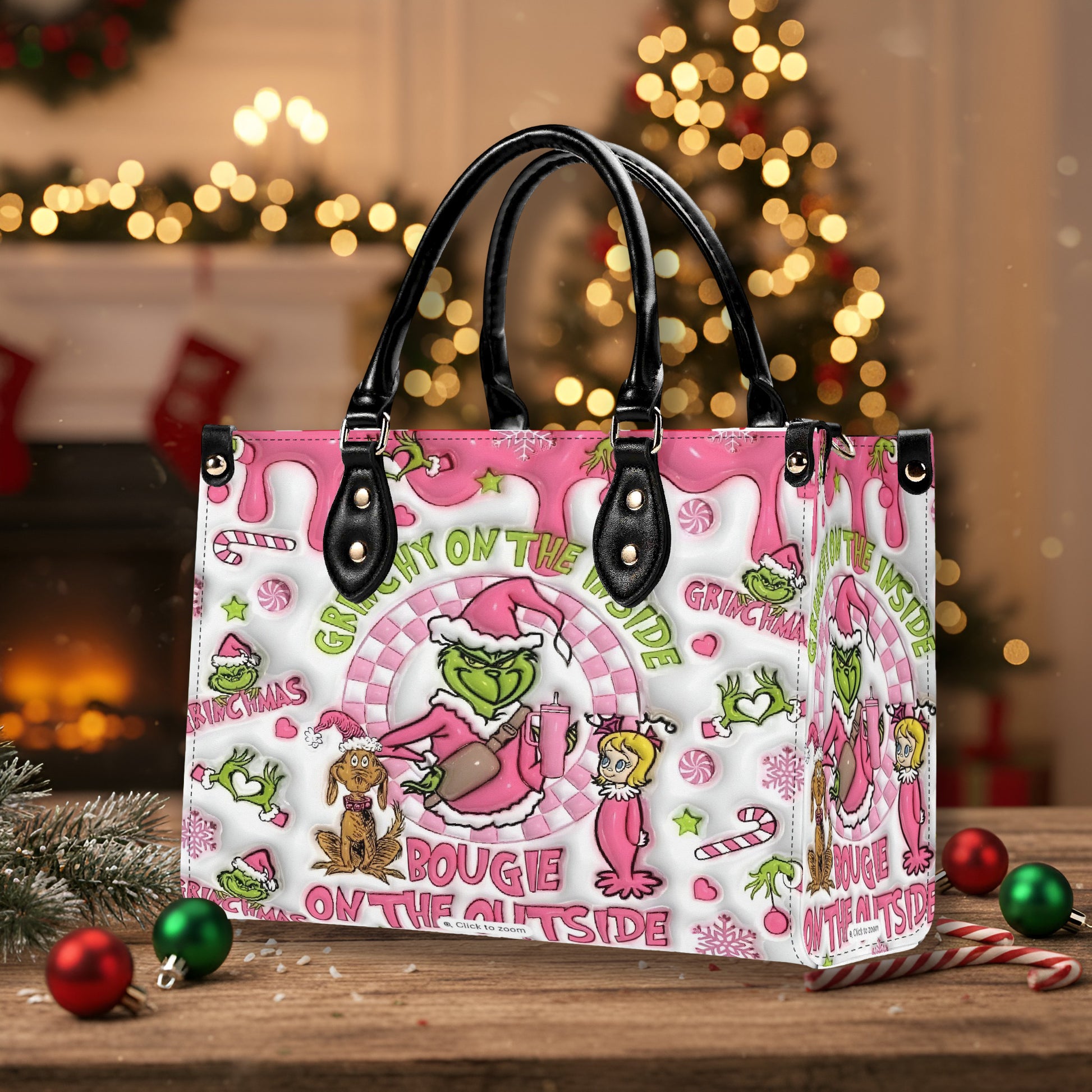 Pink Christmas Handbag, Cute Holiday Tote Bag, Festive Cartoon Purse, Winter Seasonal Shoulder Bag Gift