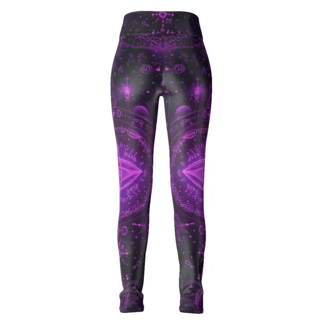 Mystical Fantasy Leggings, Women’s Purple Magic Sigil Yoga Pants with Witchy Symbols & Cosmic Energy Design