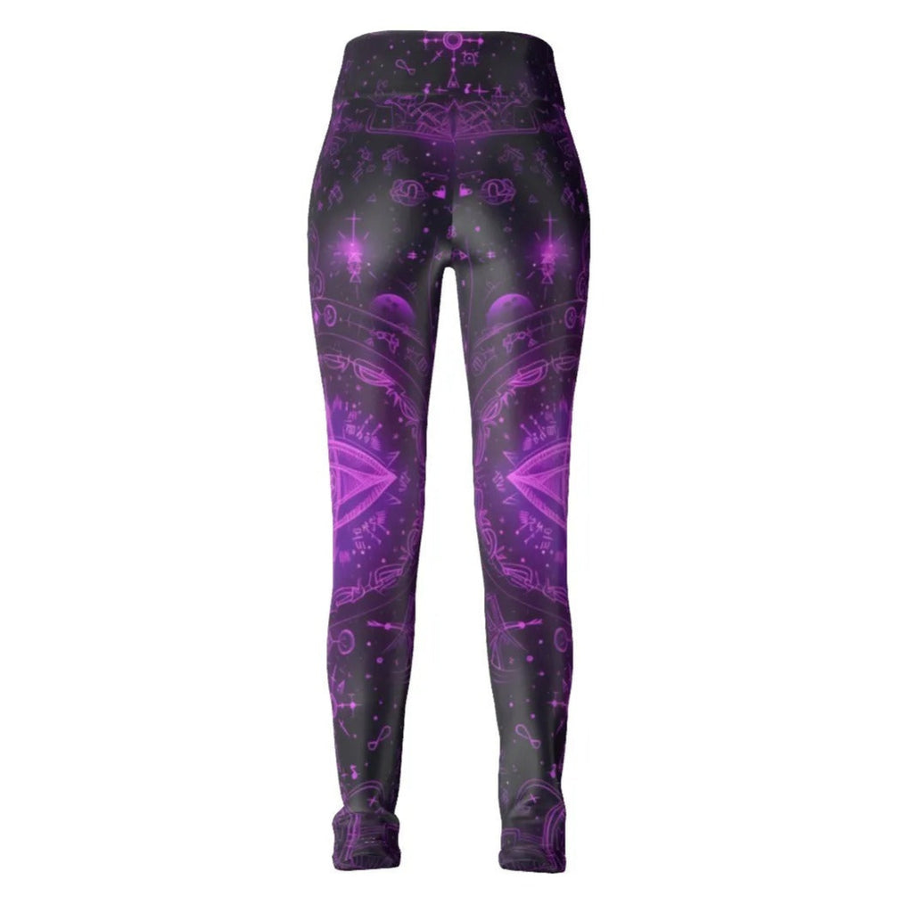 Mystical Fantasy Leggings, Women’s Purple Magic Sigil Yoga Pants with Witchy Symbols & Cosmic Energy Design